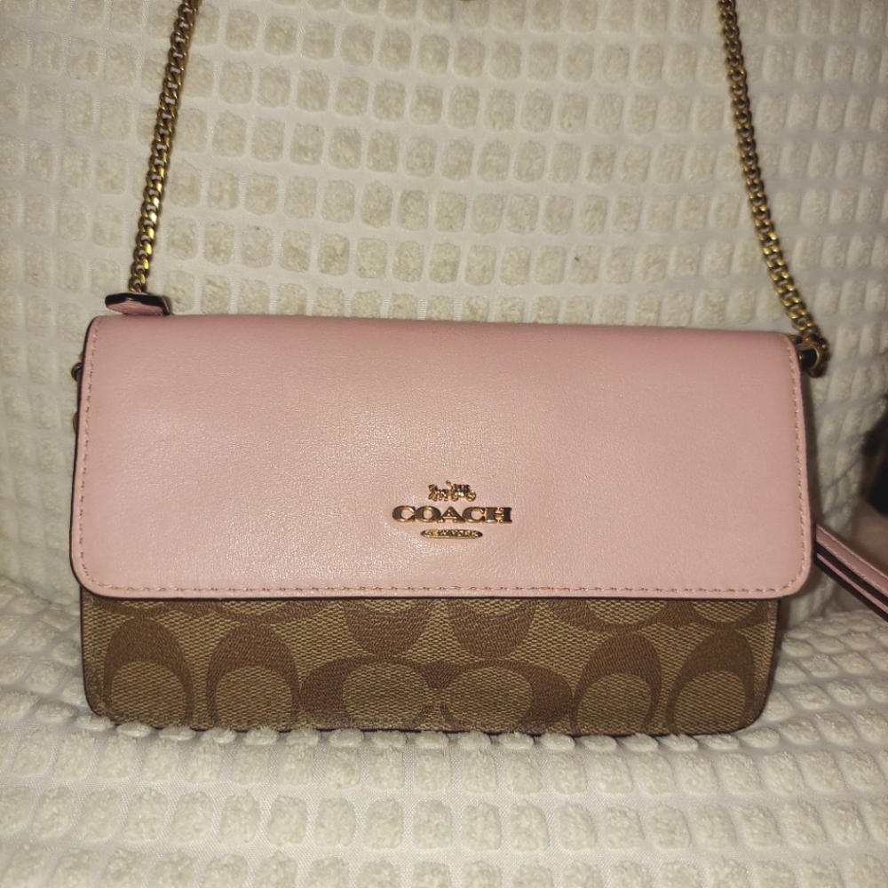 Coach Pink and Brown Signature Crossbody Wallet
